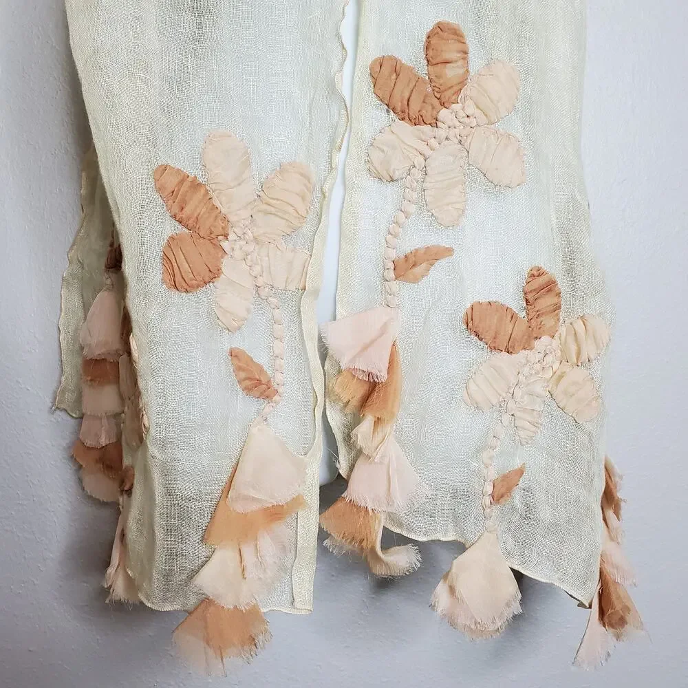 Linen Gauzey Floral Applique Fringe Scarf Creamy Sheer Boho Artsy Fairy Indie